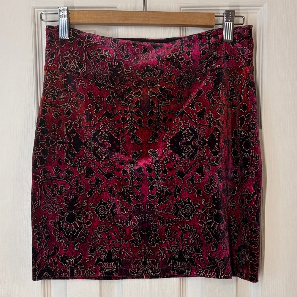 Ecote Burnout Velvet Pink, Red & Black Pencil Skirt